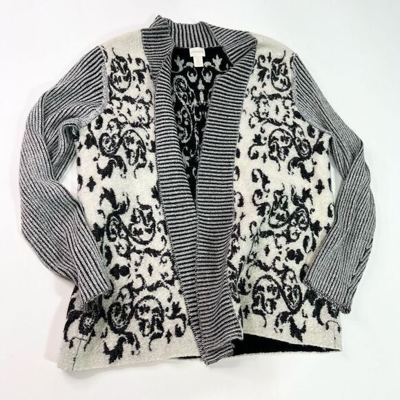 Chico's Cardigan Womens medium Black White Open Front Wool Ribbed Sleeve - Picture 1 of 9